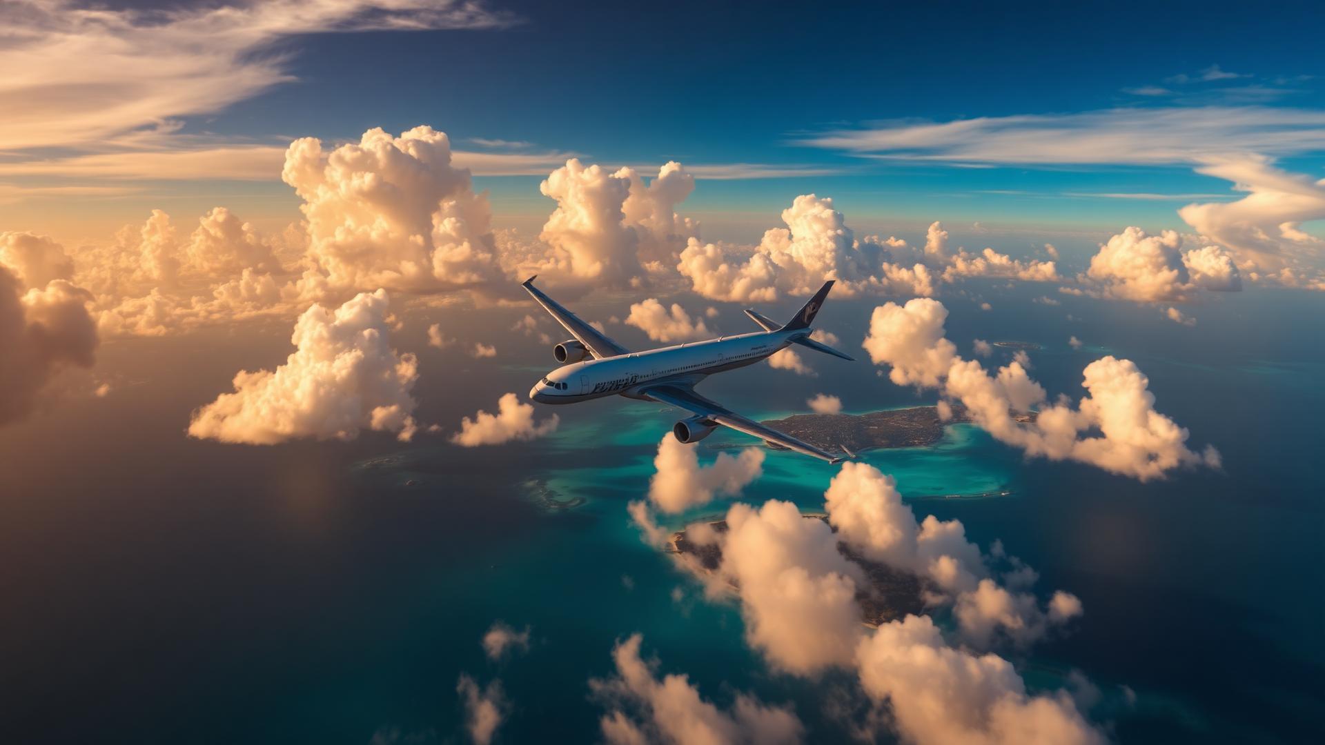 Airplane flying above tropical islands at golden hour
